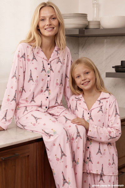 Siyah İnci Pink Patterned Thermal Fabric Ultra Soft Buttoned Knitted Pajama S...