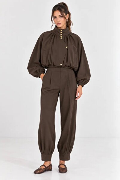 Cool & Sexy Women's Stand Collar Gold Button Crop Jacket & High Waist Pants Set