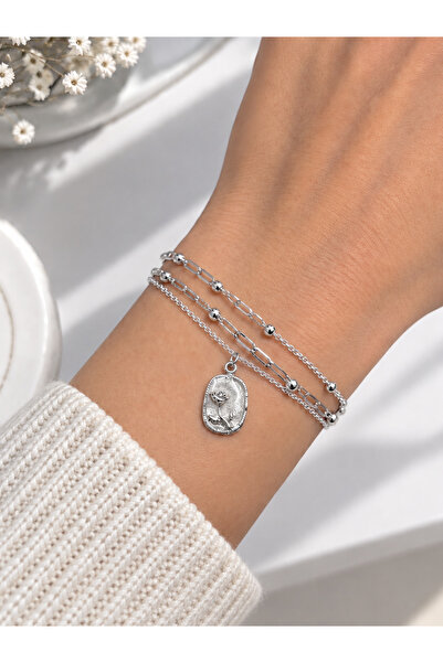 Ervalina Women's Gold Color 3-Piece Rose Bracelet Chain Set