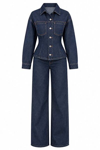 Laluvia Lacivert Belden Oturtmalı Ceket Pantolon Denim Takım - 0847