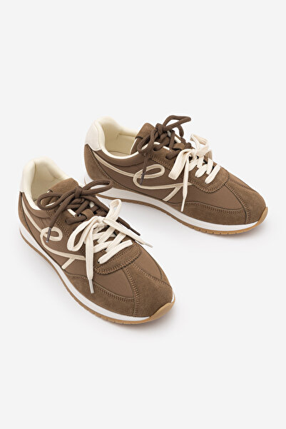 Marjin Kadın Süet Detaylı Bağcıklı Günlük Sneaker Rivos Tütün Kahve Süet