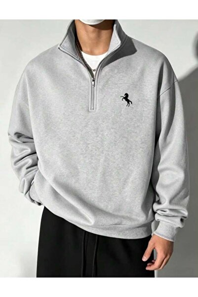 trendgar Gri Dik Yakalı At Baskılı Sweatshirt