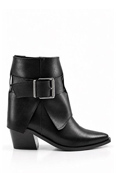 İX Orkide Women's Buckle Detailed Pointed Toe Thick Heeled Ankle Length Short...