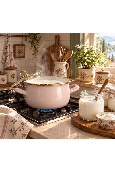 EBRULİEMAYE Powder Pink Enamel Small Pot 2 Liters 18 cm Diameter Milk Increasing Food Soup Pot