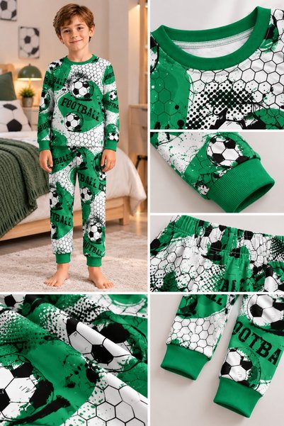 elmas kids Boy's 100% Cotton Green -White Football Patterned Long Sleeve Pajama Set