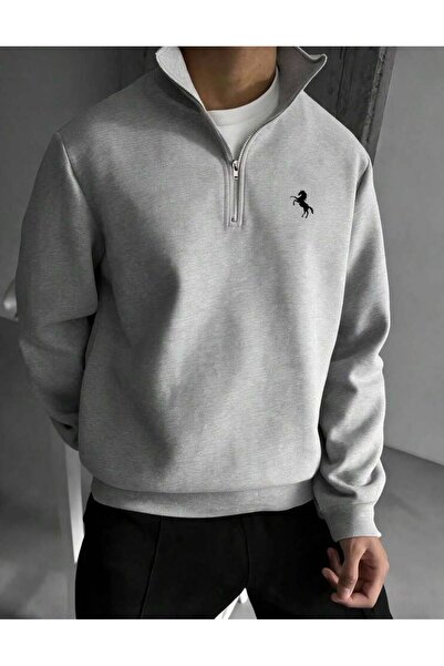 trendgar Gri Dik Yakalı At Baskılı Sweatshirt