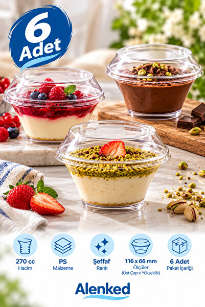 alenked 270 cc Kapaklı Şeffaf Plastik Tatlı Kabı Magnolia Puding Sunum Kasesi...