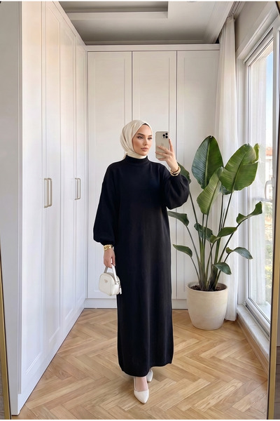 Kirazca Butik فستان نسائي طويل فضفاض بأكمام منتفخة وياقة نصفية 130 سم