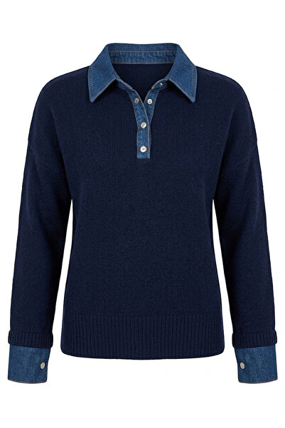 Crep Sweater with Denim Collar - Navy Blue Navy Blue