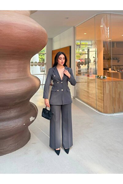 feme clothing Female Clothing Anthracite Buttoned Blazer Jacket Stretchy Trou...