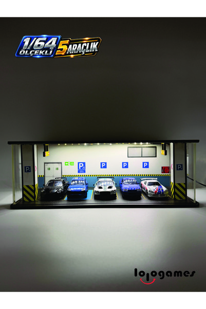 lologames 1/64 Ölçekli 5 Araçlık LED Işıklı Otopark Maketi – Pleksi Kapaklı T...