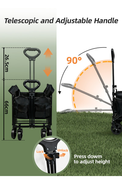 Venpara Folding Wagon Cart with 75kg Load Capacity, Portable Camping Trolley with Telescopic Handle and 360° Swivel Wheels, Collapsible Garden Cart with Dual Mesh Pockets for Shopping and Picnics