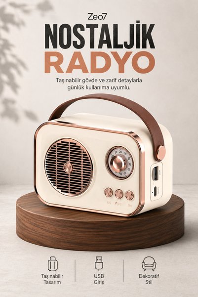 Zeo7 Retro Tasarımlı Mini Nostaljik Radyo Bluetooth USB TF Kart Destekli Type...