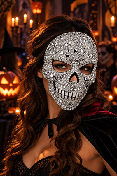 DODOMAR Mască de lux cu craniu cu pietre pentru Halloween, costum de petrecer...