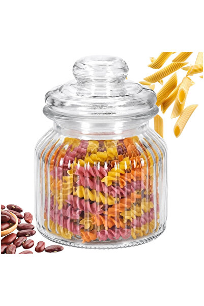 Excellent Houseware Recipient Pentru Alimente, Sticla Striata, 650 ml, Transp...