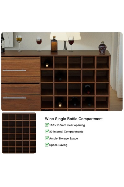 Mahmayi Wooden Wine Cabinet with 30 Bottle Storage Compartments and 3 Drawers, Freestanding Wine Rack Cabinet Ideal for Home Bar, Living Room and Dining Room - Dark Hunton Oak