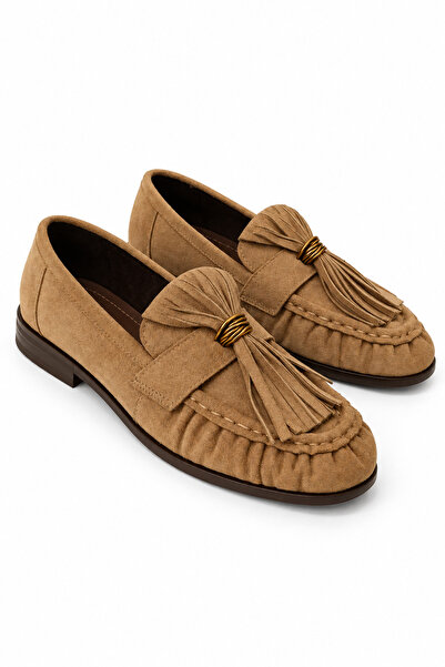 akerler Women's Beige Suede Daily Soft Leather Loafer Pm91