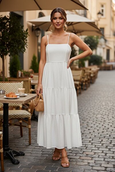 RANDOM Women's Thin Straps Layered Long Dress with Tie Detail at the Back