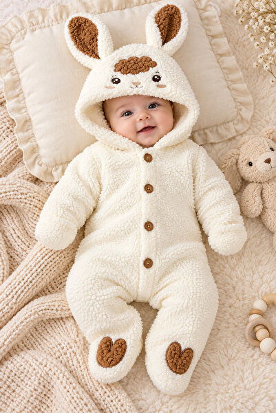Beniizle 0-6 Ay Kuzu Desenli Peluş Bebek Tulum Kapüşonlu Welsoft Tulum