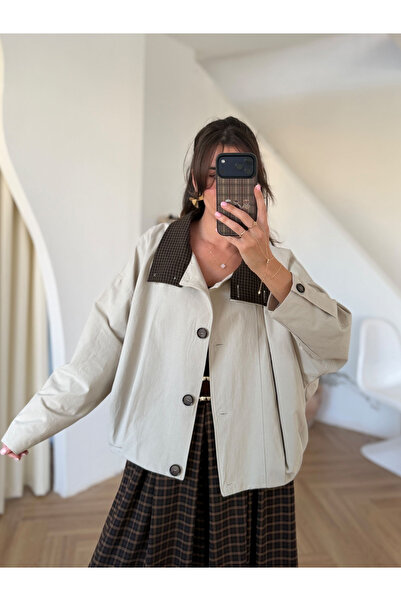 My Blog Stone Color Plaid Detail Stand Collar Jacket - 9819
