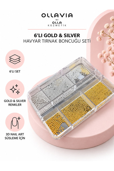 6'lı Gold ve Silver Havyar Tırnak Boncuğu Seti – Protez Tırnak 3D Taş Süsleme ve Nail Art Havyar Mikro Boncuk