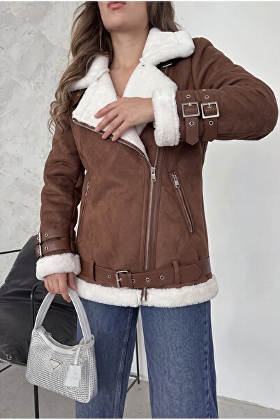 ALFUDO Moda Collection Νέας σεζόν γυναικείο δερμάτινο σουέτ παλτό σε καφέ χρώ...