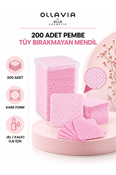 200 Adet Pembe Kare Tüy Bırakmayan Tırnak Temizleme Mendili – Protez Tırnak Jel Wipe, Kalıcı Oje Yapışkanlık Alıcı Manikür Pedi
