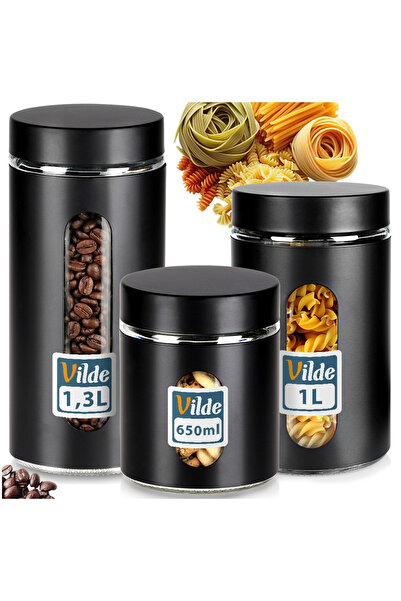 Vilde Set 3 Recipiente Alimentare, 650ml/1L/1.3L, Negru/Transparent, Sticla/P...