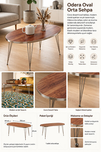 Ceviz Desenli Oval Orta Sehpa – Metal Ayaklı Modern Salon Sehpası