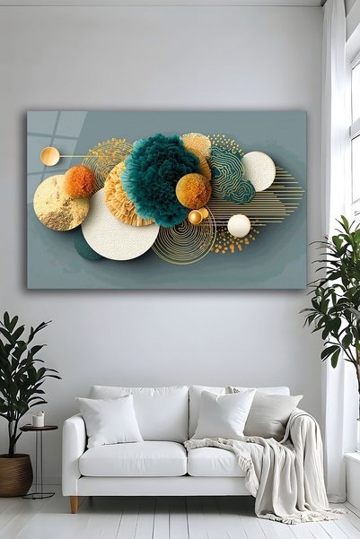 Parıltı Yayınları Gold Geometrik Daire Motifli Soyut Yatay Cam Tablo Modern L...