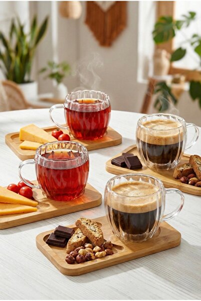 EVSTYLE 8-Piece 4-Person Double-Walled Cup and Bamboo Plate Espresso Tea Coff...