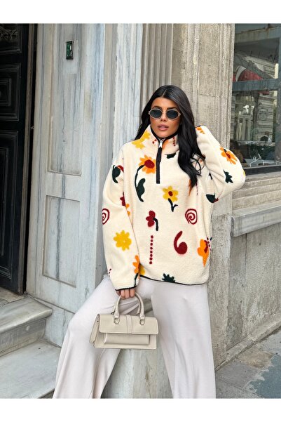 LE CARAMBOLE Women's Blue Diamond Patterned Oversize Plush Sweatshirt with Ha...