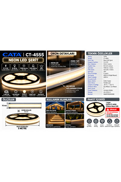 CT-4555 Neon LED Şerit 5 Metre 12V 10W/Metre 4000K Doğal Beyaz IP65