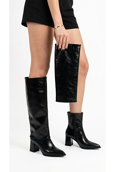 Limeo Women's Black Detachable Leggings Pointed Toe Thick Heeled Zippered Boots