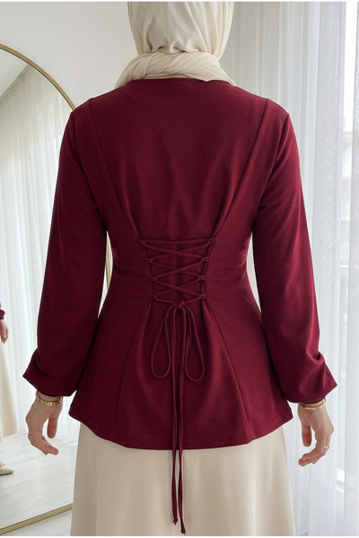 Kirazca Butik Kadın Arkası Çapraz Bağcıklı Korsaj Detaylı Tunik Bluz 70 cm