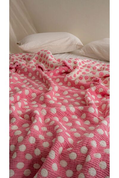 MYLASA HOME 100% Cotton Polka Dot Patterned Fringed Muslin Quilt & Bedspread Single Size (160X220 cm) – Thinly Filled for All Seasons