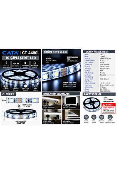CT-4480L 10 Çipli Beyaz Şerit LED 5 Metre 12V 14,4W İç Mekan