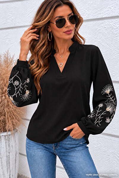 JANES Women's Long Sleeve V-Neck Sleeves Floral Pattern Viscose Two Thread Bl...