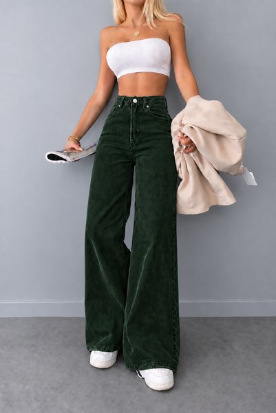 connemara Women's Dark Green High Waist Wide Leg Palazzo Jean Trousers