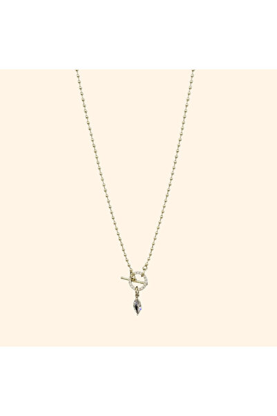 Faded - T-Bar Kilitli Damla Zirkon Taşlı Çelik Kolye (14K Altın Kaplama)