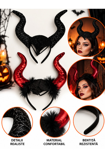 Generic Brand Halloween headband with big horns, black or red-black pattern, ...