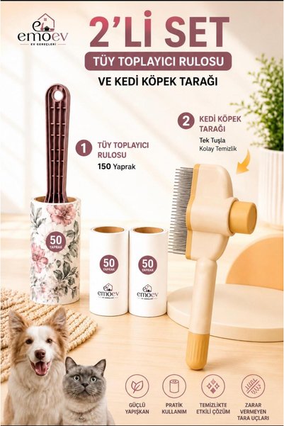 Emoev 2'li Set Kedi Köpek Tüy Toplayıcı Rulo (150 Yaprak) Ve Tek Tuşla Temizl...