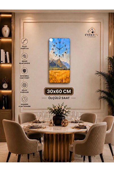Emoev Duvar Saati Sessiz Akar Saniyeli Cam Modern Dekoratif Saat 30x60