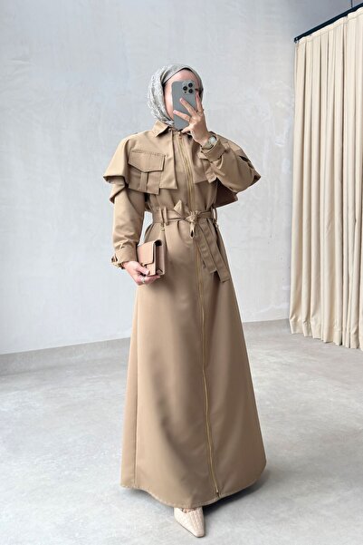 Ka Hijab Pelerin Detay Trenç Elbise - Camel