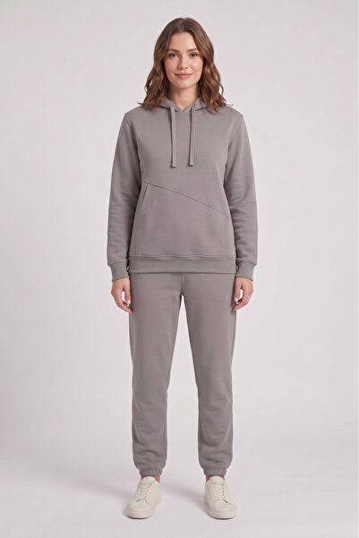 Machi Makiteks Gray Women's 3-Yarn Asymmetrical Cut Pocket Hooded Elastic Cuf...