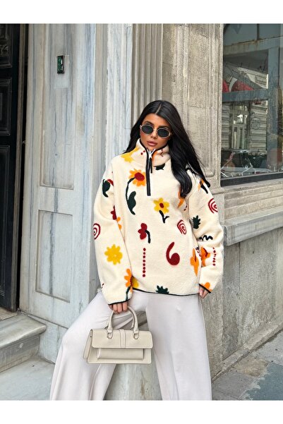 LE CARAMBOLE Kadın Mavi Baklava Desenli Yarım Fermuarlı Oversize Peluş Sweatshirt