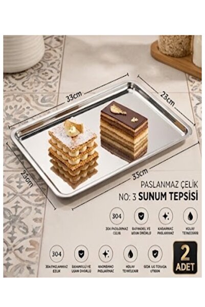 İkram Dünyası Cafe Tray 3 No 23*33 cm Serving, Coffee, Tea Tray, Steel Cafe Tray