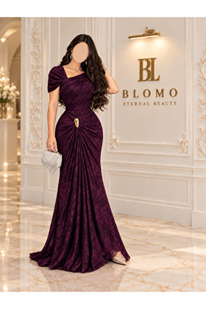 BLOMO فستان سهرة نسائي طويل بتصميم الكتف الواحد وثنيات درابيه