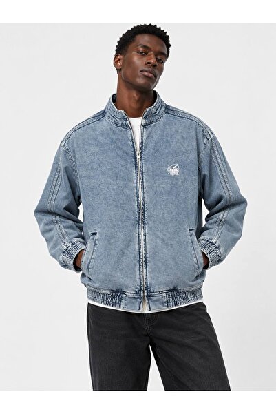 LTC Jeans Men's Regular Zippered Blue Snow Washed Denim Jacket with Elastic W...