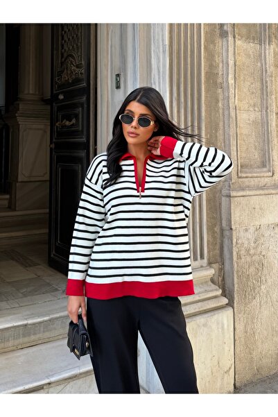MODAMERSİ Women's Red Zippered Striped Polo Collar Knit Sweater